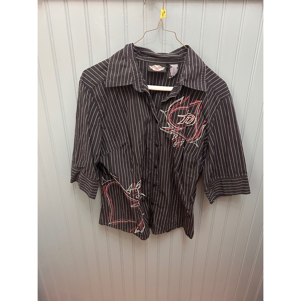 Harley-Davidson Womens XL Pinstripe Button Up Shirt Embroidered Custom Speed VTG